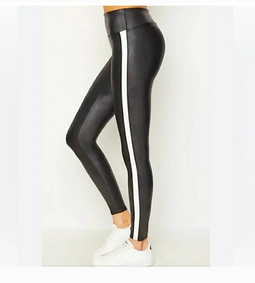 SPANX Faux Leather Leggings Black White Side Stripe Women's Large